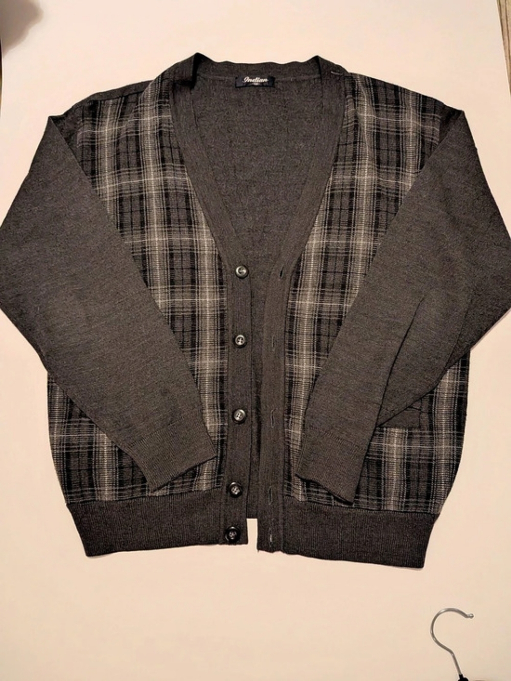 Indian Plaid Trim Cardigan in Gray & Black Like New